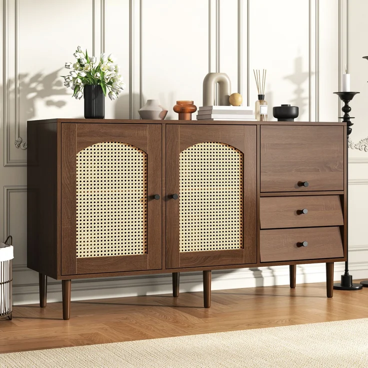 Abrihome Sideboard im Landhausstil mit Rattantüren, Braun, 75x40x130 cm – Bild 4