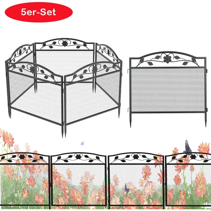 UNHO Teichzaun Gartenzaun 5 Stück Steckzaun Metall Zaunelemente Dekozaun Gitterzaun Zaun Gerade Teichzaun HundezaunGehege Stabil 80x80 cm Schwarz Metall – Bild 1