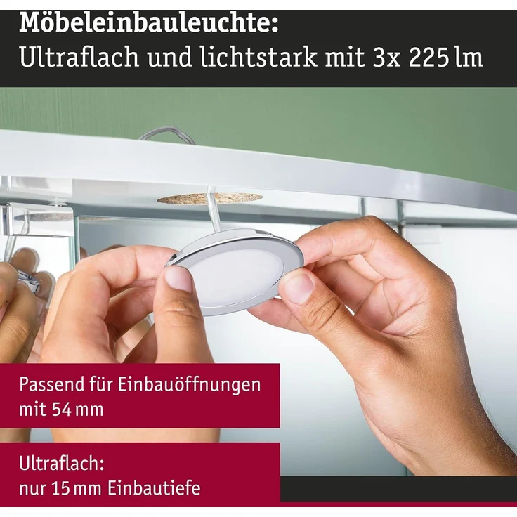 Paulmann 93118 LED Möbeleinbauleuchten 3er Set 3000K Chrom – Bild 3
