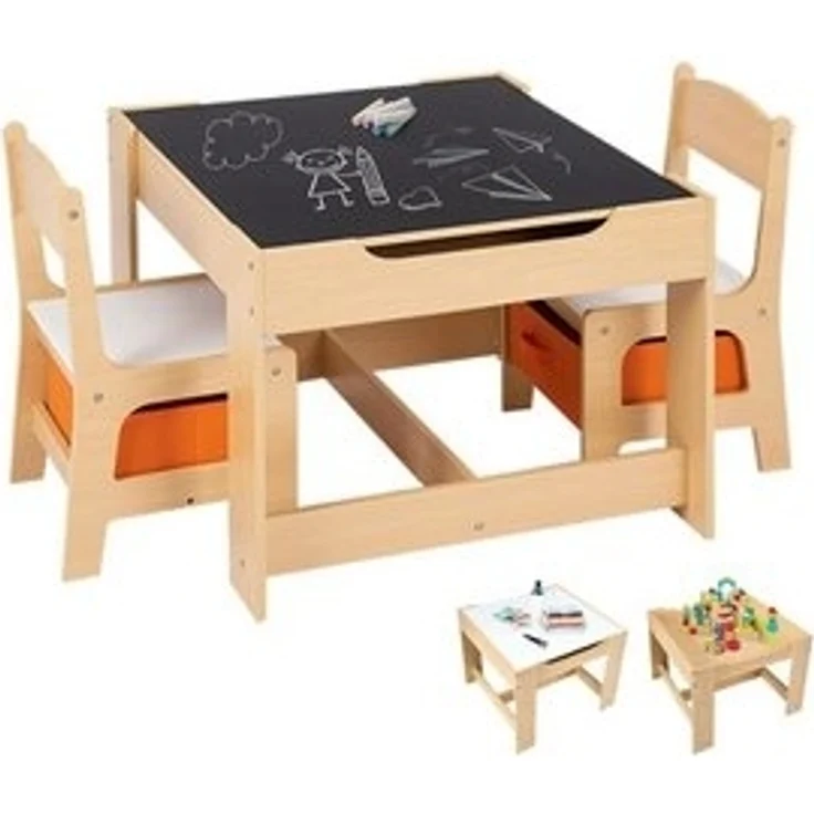 COSTWAY Kindersitzgruppe, 3tlg. Kindertisch mit 2 Stühlen, Stauraum & Tafel – Bild 6