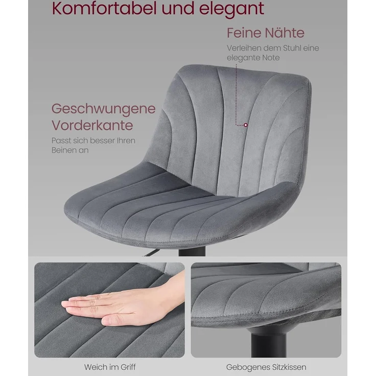 VASAGLE Barstuhl 2er Set, Küchenhocker, 88-108 cm höhenverstellbar, Barhocker, drehbar, mit Fußstütze, Samt-Bezug, grau – Bild 6