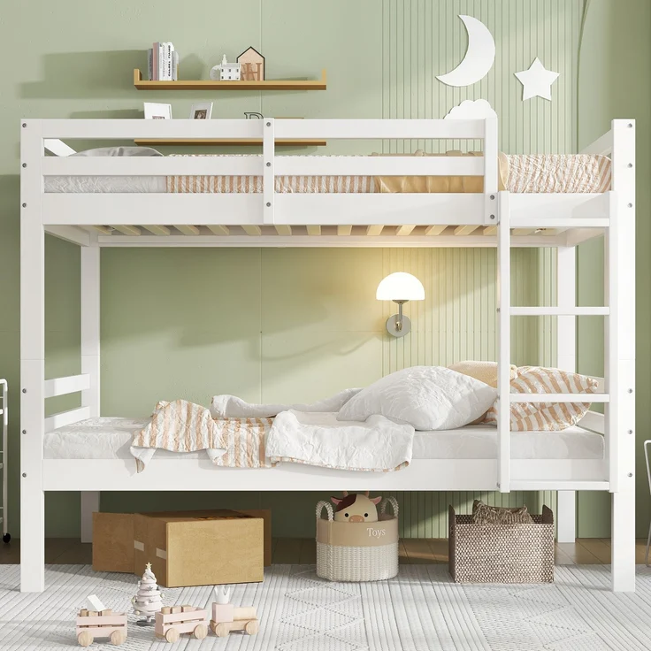Etagenbett Kinderbett Weiß 90x200 Teilbar in 2 Einzelbetten mit Leiter Absturzsicherung Jugendbett Kiefer Holz Doppelstockbett – Bild 2