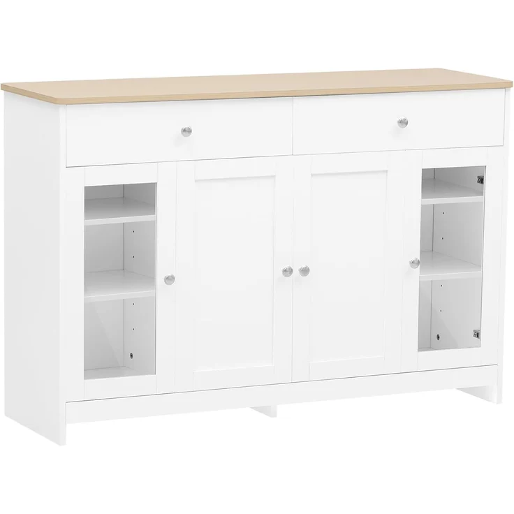 FurnitureR Sideboard mit weißer Holzmaserung, Vier Türen, mit Zwei Schubladen, Tür mit Glas. Wohnzimmer, Esszimmer. Holzfarbe und Weiß – Bild 10