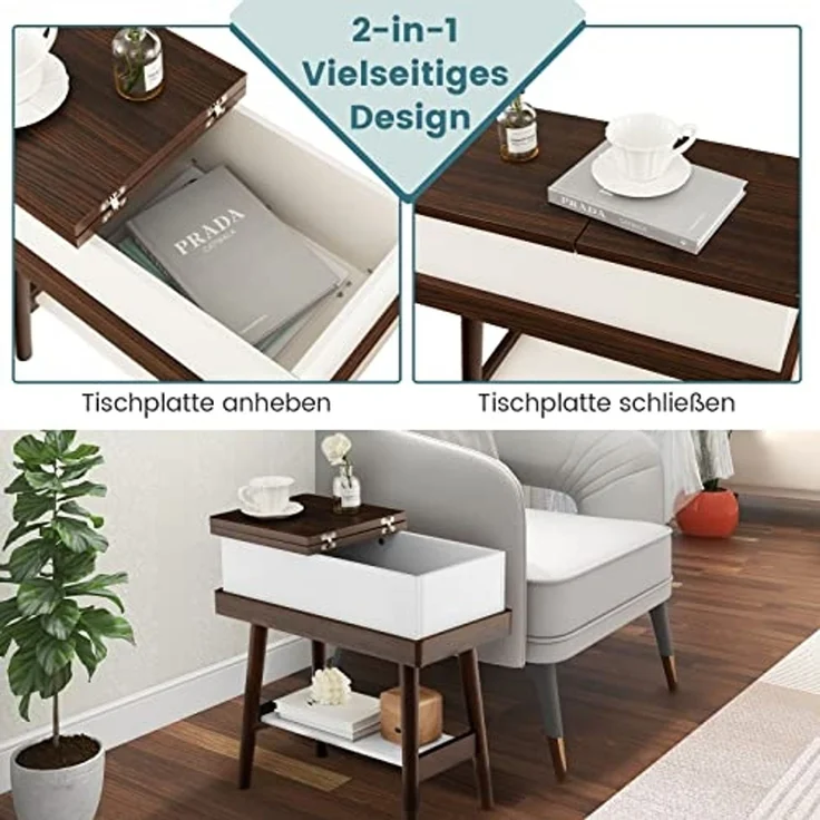 COSTWAY Beistelltisch mit klappbarer Tischplatte, schmaler Sofatisch aus Gummiholz, Nachttisch Klapptisch für Wohnzimmer, Schlafzimmer, 60 x 30 x 60 cm, Dunkelbraun – Bild 6