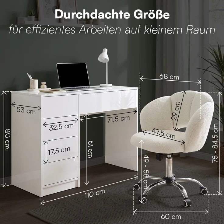 Bellamio 'Livny' Set aus Schreibtisch und Wolkenstuhl, mit 5 Schubladen, beidseitig montierbar, 80x53x110 cm, Computertisch mit Stauraum, Bürotisch mit Push-to-open, geeignet als Schminktisch, weiß hochglanz – Bild 8