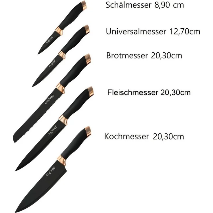 6 tlg. Messerset Kochmesser Messerständer drehbar Messerblock Schwarz-Gold – Bild 2