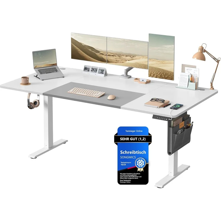 SONGMICS Höhenverstellbarer Schreibtisch elektrisch, 180x80 cm, stufenlos verstellbar, Memory-Funktion mit 4 Höhen, USB-C-Anschluss, wolkenweiß-Taubengrau LSD028WZ03
