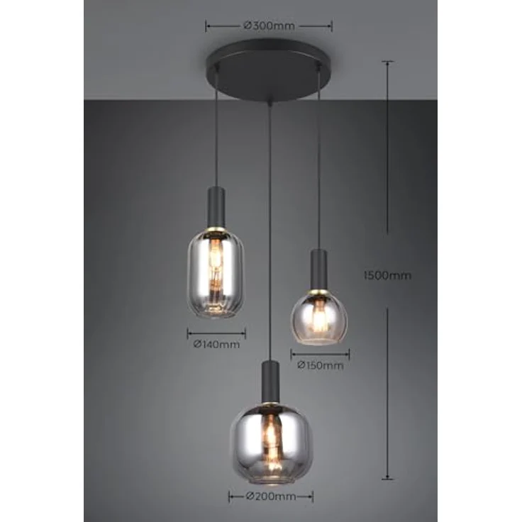 Trio Leuchten Hängeleuchte, Schwarz-Chrom, Pendelleuchte aus Metall und Glas, 150 cm – Bild 7
