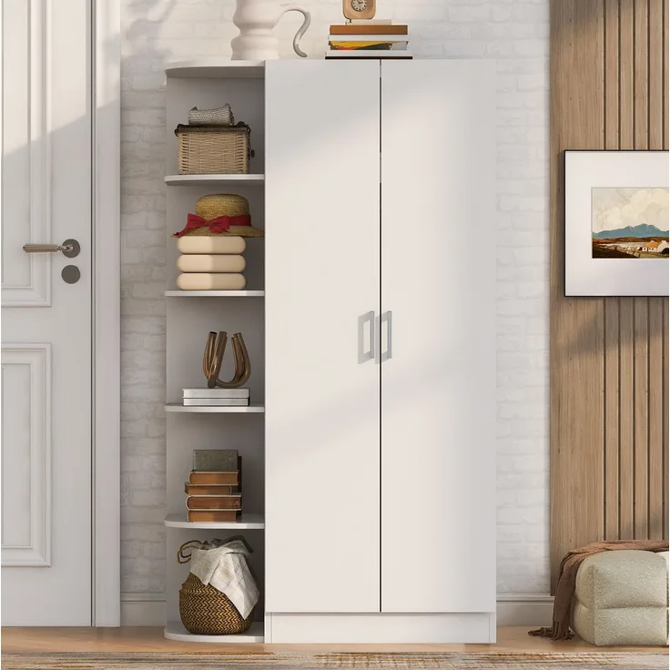 Kleiderschrank 90 x 55 x 170 cm mit Doppeltüren, Regalböden und Schubladen – Weiß und Naturholz