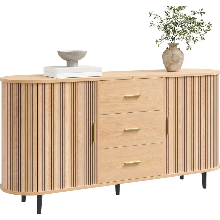 Merax Sideboard mit drei Schubladen mittig und Schiebetüren an den Seiten, gebogenes Design mit vertikaler Rillenverkleidung, Metallgriffe, Rohr-Eisenfüße, Aufbewahrungsschrank, Natur – Bild 10