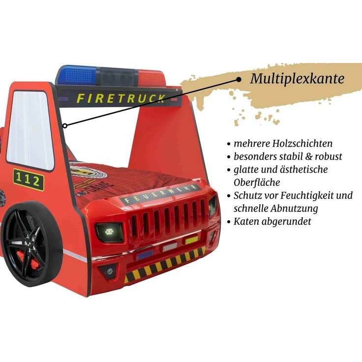 Autobett Kinderbett 90x200 Feuerwehrbett "Rio Firetruck" Hochglanz mit LED Leuchte Rot – Bild 2