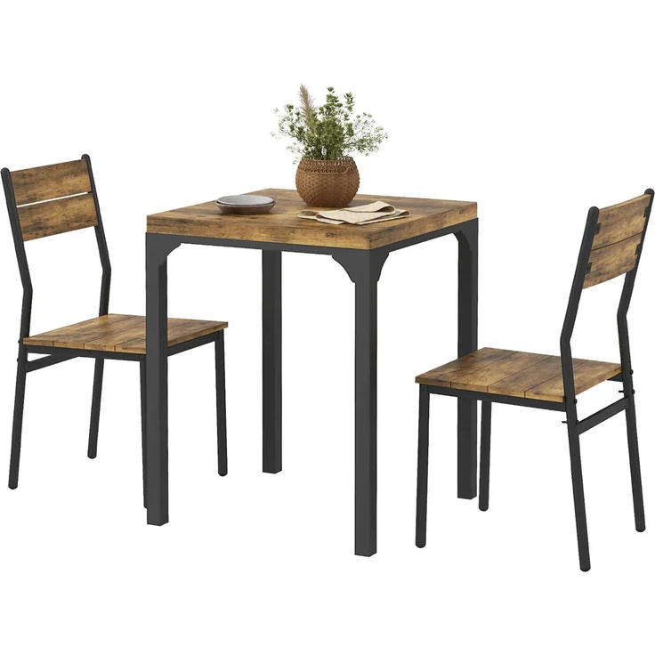 MELAYR, 3-teilige Essgruppe, Esstisch-Set, 1 Tisch, 2 Stühle, MDF+Metall, Braun, 60 x 60 x 76 cm, Rustikal-Braun – Bild 2