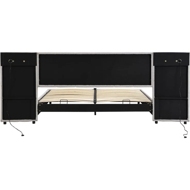 Polsterbett mit LED-Beleuchtung, Wireless Charger und Stauraum, extra breites Kopfteil mit Spots, Type-C und USB Anschlüssen, 180x200 cm, gepolsterter Kopfteil, Doppelbett, Stauraumbett, Leinen – Bild 9