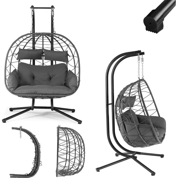 Juskys Doppelhängesessel Aria - Polyrattan Hängesessel mit Gestell & Kissen - Schaukel für zwei Personen - Outdoor Indoor Sessel - XXL Korb Grau