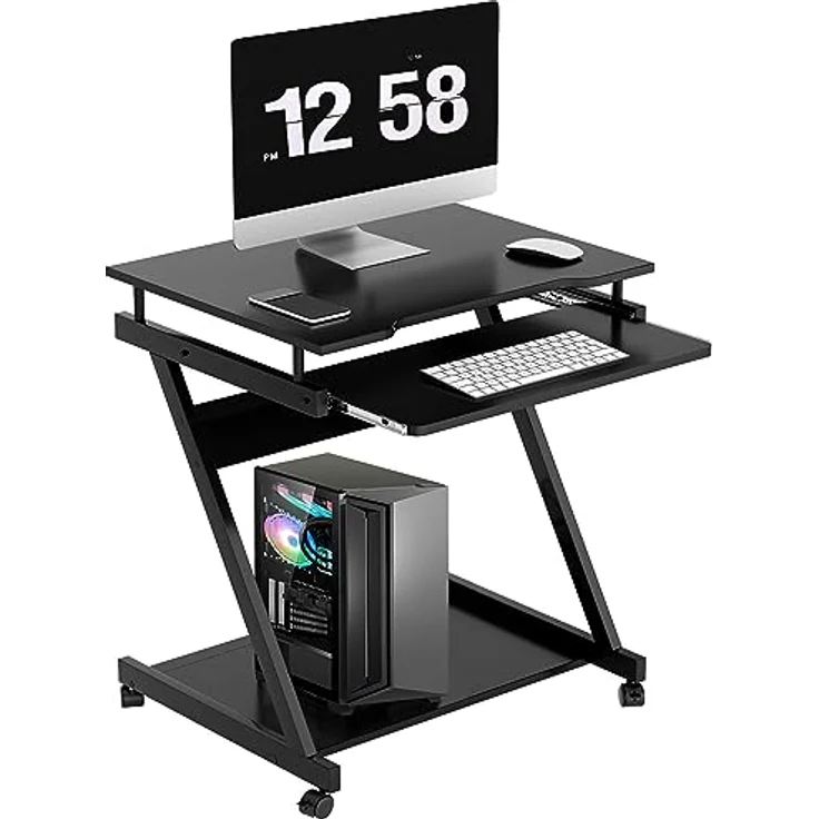 SogesHome Schreibtisch Klein Computertisch mit 4 Rollen 2 Davon mit Bremsen PC-Tisch in Z-Form mit Tastaturauszug für Zuhause und Büro, 60x48 cm – Bild 2