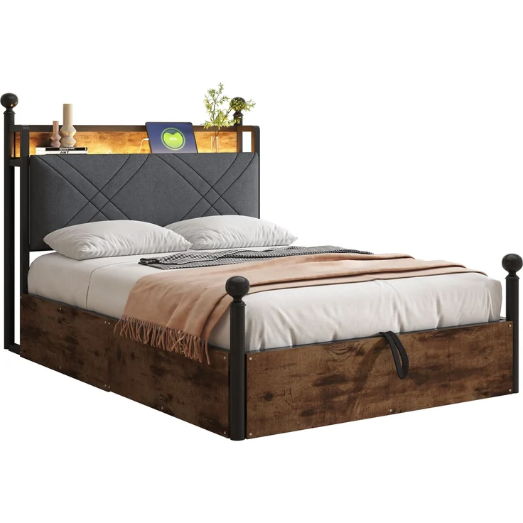 Bett 90x190 cm, Smart-Himmelbett mit hydraulischem Bettkasten, Metalll-Holz-Mix, integrierte LED & USB/Type-C,Schwarz – Bild 9
