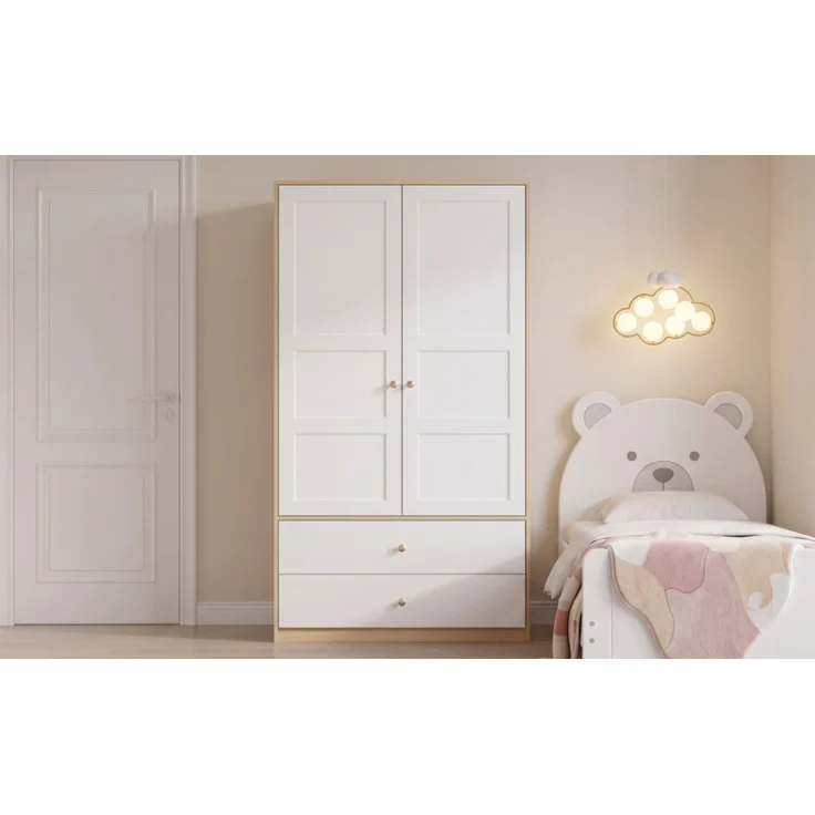 ZUBALIYA Doppeltüriger Kleiderschrank, 2-türiger Kleiderschrank, mit 2 Schubladen und Kleiderstange, Schlafzimmermöbel, Garderobenschrank, Kleiderschrank mit Kleiderstange, 100 x 48 x 180 cm,Weiß und Holzoptik – Bild 22