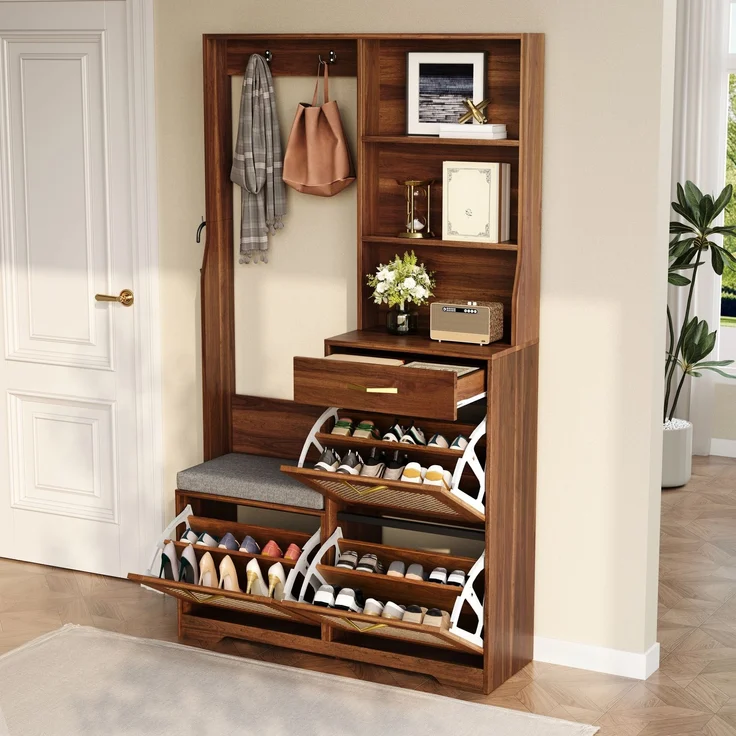 Garderobenschrank Flurgarderobe mit Sitzbank Schuhschrank Rattan Front Kleiderhaken Schubladen Stauraumschrank Eingangsbereich--Nussbaum--100x30x170cm--YOUDENOVA – Bild 8