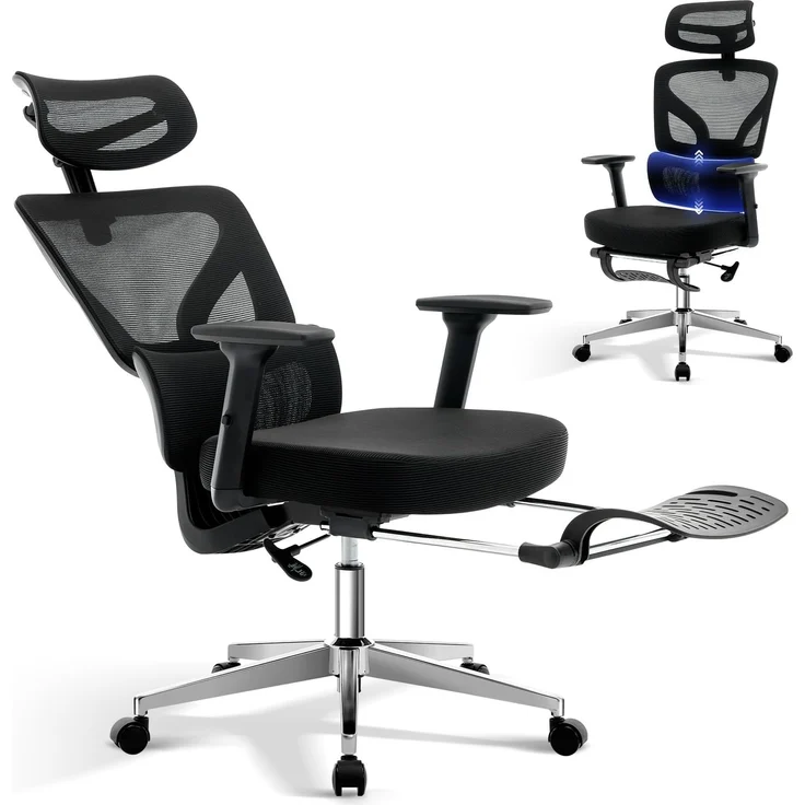 Ergonomischer Bürostuhl Mit Hoher Rückenlehne, Atmungsaktiver Netzstuhl Mit Verstellbarer Fußstütze Und Lendenwirbelstütze, 360° Drehbarer Schreibtischstuhl Mit 3D-Armlehnen Für Zuhause, Büro