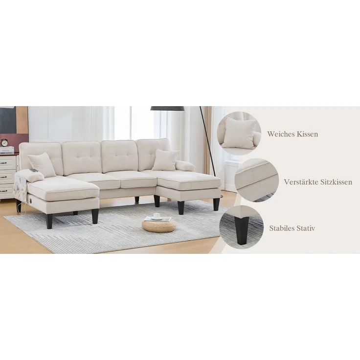 U-förmiges 4-Sitzer-Stoffsofa 250 cm mit 2 Chaiselongues, USB-C, Seitentaschen und Kissen, gepolsterte Wohnlandschaft, Beige – Bild 20