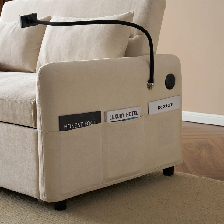 Multifunktions-Klappschlafsofa, verstellbar, mit USB-Ladung, Chenille Beige, 129x76x81 cm – Bild 5