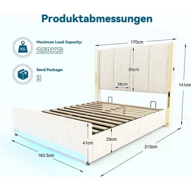 LVHOM Polsterbett mit Stauraum, Doppelbett mit LED, USB-Anschlüsse und Seitentaschen, Funktionbett, 160x200 cm, Beige – Bild 8