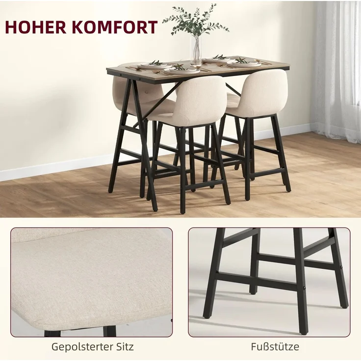 Bartisch-Set mit 4 gepolsterten Hockern und Fußstütze, 120x60x91 cm, Beige – Bild 6