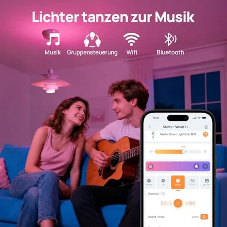 Linkind Matter Smart Alexa Lampe E14 Kerze CRI90+, RGBTW & 16Mio. Farben, 1-100% Dimmbar, Dotis+ AI Technologie, 1800K-6500K, Musik-Sync & Timer, B38/C38, 4.8W, 470LM, 4 Stück – Bild 6