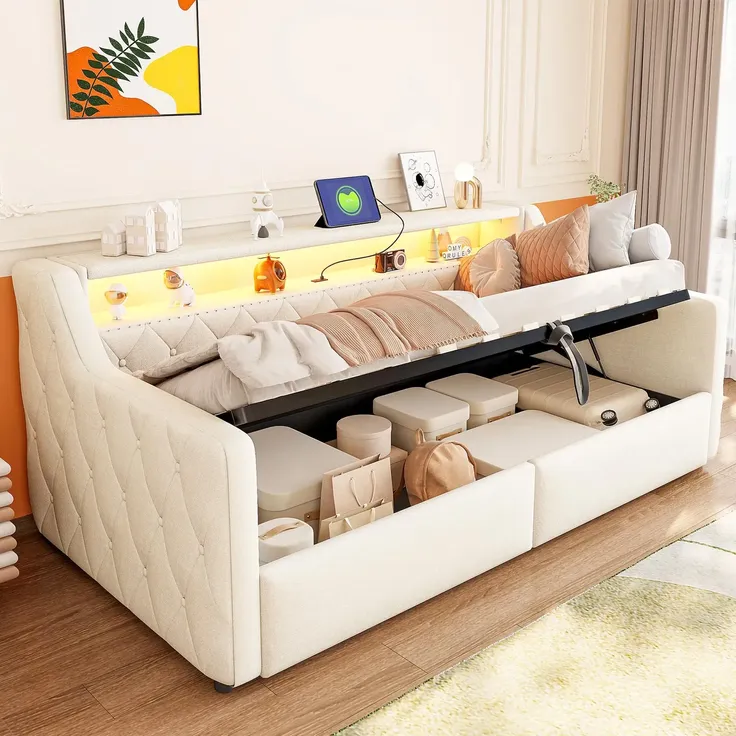 Schlafsofa mit LED-Beleuchtung und Aufbewahrung, Polsterbett mit Lattenrost, 90x200 cm, Einzelbett, Jugendbett, Leinen
