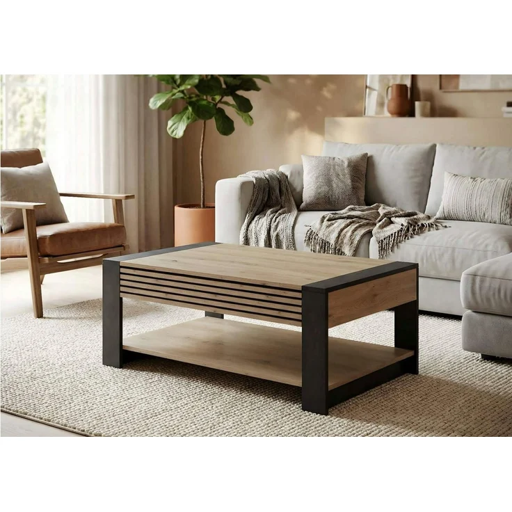moebel-dich-auf Couchtisch LETIZIA (Artisan Eiche Dekor mit aufgesetzten Stäbchen, Absetzung schwarz Dekor, inkl. Schubkasten), MDF Front mit aufgesetzten Stäbchen – Bild 5