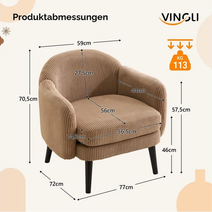 VINGLI Ohrensessel Cocktailsessel aus Cord, Moderner Loungesessel für Wohnzimmer, Holzbeine, Abnehmbares Sitzkissen & Armlehnen – Bild 2