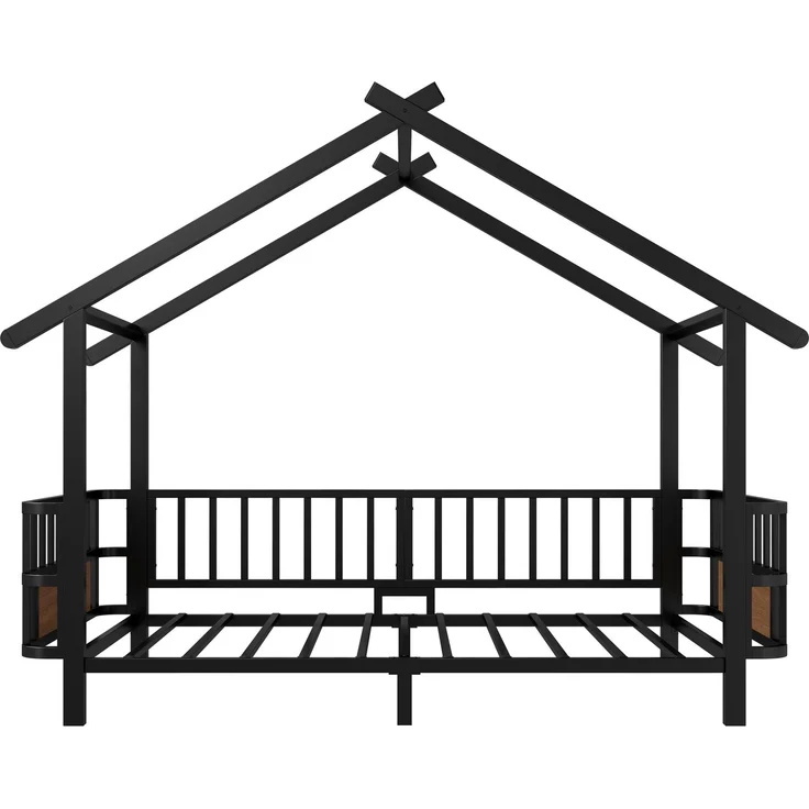 Kinderbett aus Metall in Hausform, 90 x 200 cm, mit Sicherheitsgitter, Dachdesign und dekorativem Rahmen, für Jungen und Mädchen, Schwarz – Bild 9