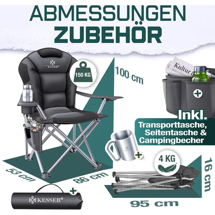 KESSER® Campingstuhl faltbar bis 150 kg Angelstuhl Faltstuhl Klappstuhl Gepolstert mit Armlehnen, Getränkehalter + Tasche mit hoher Rückenlehne, Strandstuhl, Klapphocker Anthrazit / Schwarz – Bild 8