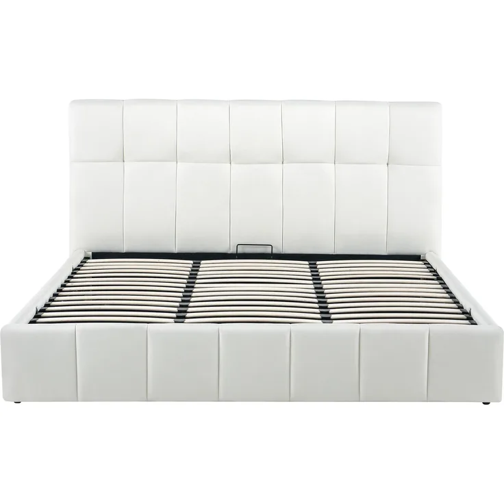Bett NEGAD - Stoff Creme 194x206x30 cm | Bett 180x200 Polsterbett Mit Bettkasten Gepolsterte Kopfteil Steppnähte Massivholzrahmen