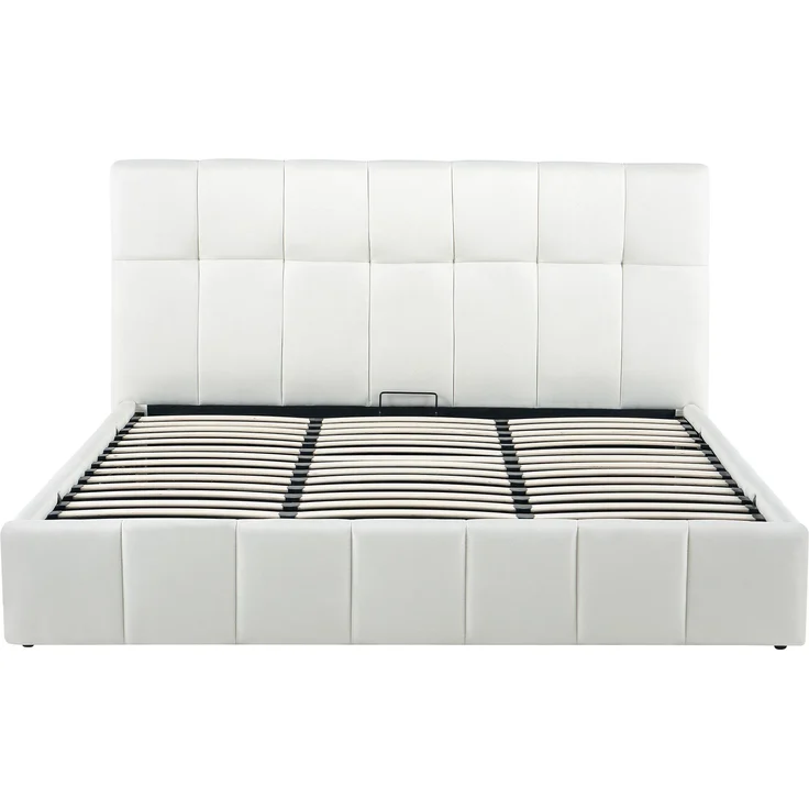 Bett NEGAD - Stoff Creme 194x206x30 cm | Bett 180x200 Polsterbett Mit Bettkasten Gepolsterte Kopfteil Steppnähte Massivholzrahmen – Bild 1