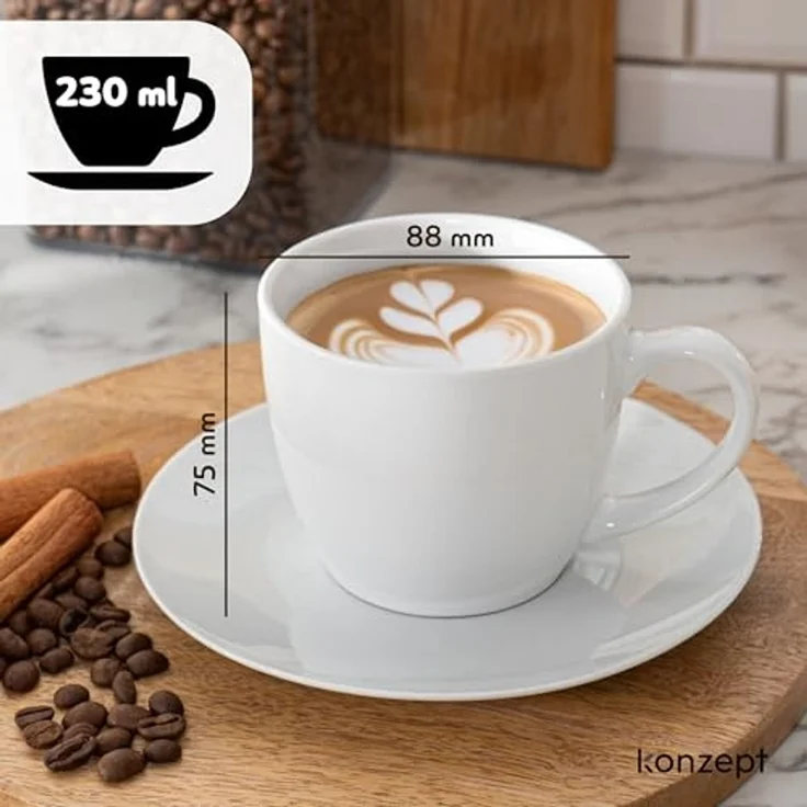 KONZEPT Tasse Kaffeetassen Set 6er 230 ml mit Untertassen Weiß für 6 Personen, 6-tlg, Weiß – Bild 2