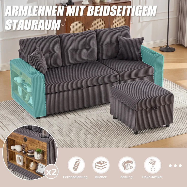 LVHOM Schlafsofa mit LED & USB, Ecksofa mit Ablagefächern, Schublade und Becherhaltern, Schlafcouch aus Cordstoff, frei Kombination, 196x144x85 cm – Bild 5