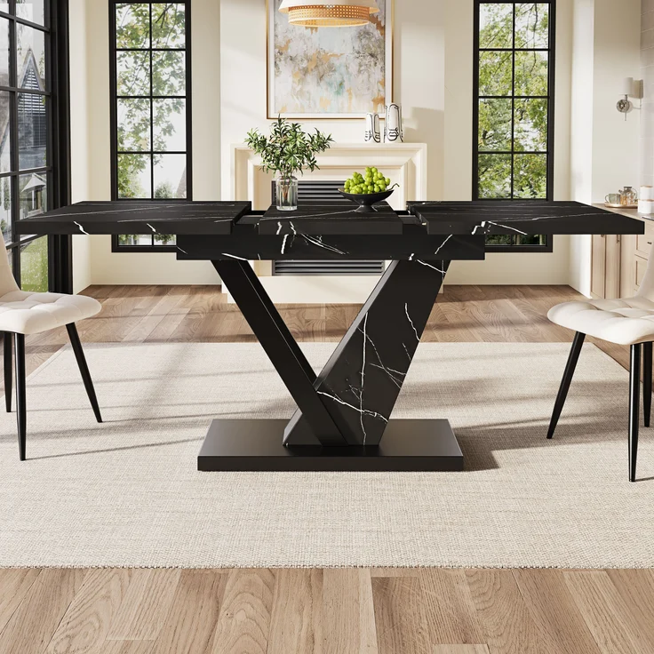 Esstisch ausziehbar 120–160x75x75,5 cm, stilvoller Tisch mit Marmor-Dekorplatte, stabilem Metallrahmen für Küche & Wohnzimmer, 75.5cmx120-160cmx75cm, Schwarz – Bild 4