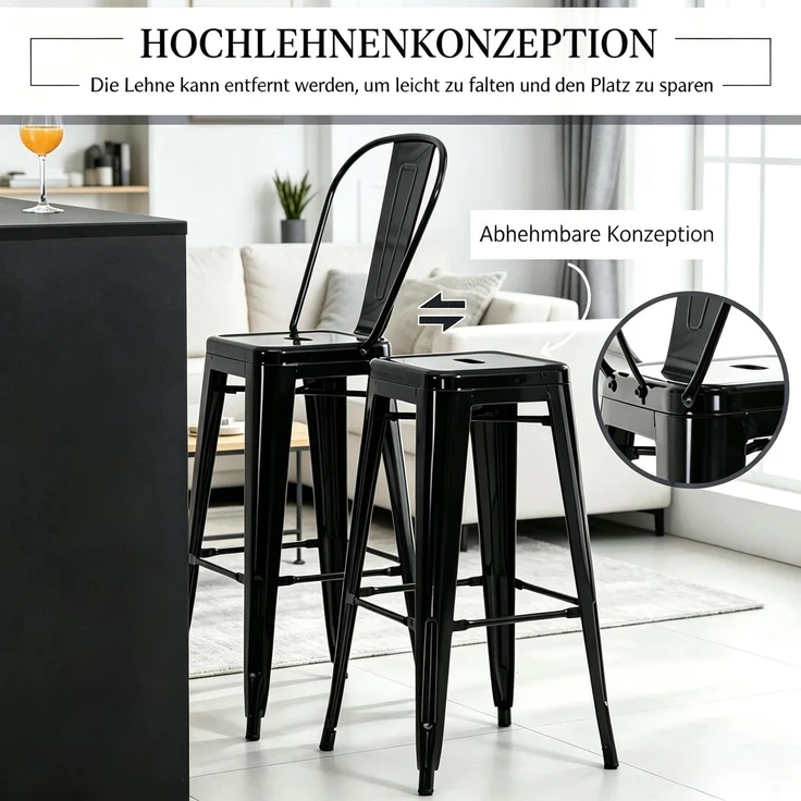 Stapelbarer Hocker,Essstuhl,Hochlehner Barhocker mit abnehmbarer Rückenlehne,Stilvoller Tresenhocker(nur mit 4pcs Essstuhle)--Schwarz--44x46x116cm--YOUDENOVA – Bild 2