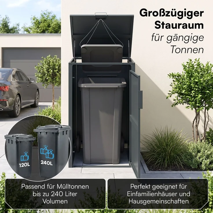 STEELSØN 'Thoria' Mülltonnenbox 1er je 240 Liter, anthrazit, Mülltonnenverkleidung aus Stahl, wetterfest, 116x80x69 cm, Müllbox für 1 Tonne – Bild 2