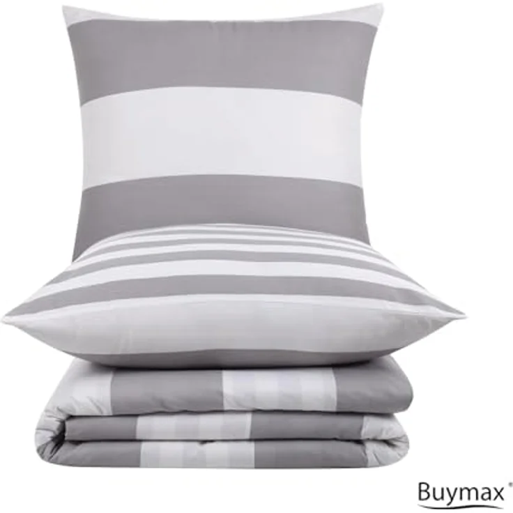 Buymax Bettwäsche Aspara Bettbezug Set 100% Baumwolle, Renforcé, 2 teilig, mit Reißverschluss, modern gestreift, Grau Weiß, 135x200 cm – Bild 6
