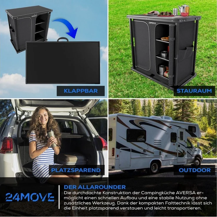 24Move Campingschrank Campingküche AVERSA faltbar, Aluminium Reiseküche mit Staufächern (Aluminium Reiseküche mit Staufächern, Campingküche AVERSA faltbar) Stabil, kompakt, mit Stauraum, leicht transportierbar, pflegeleicht – Bild 3