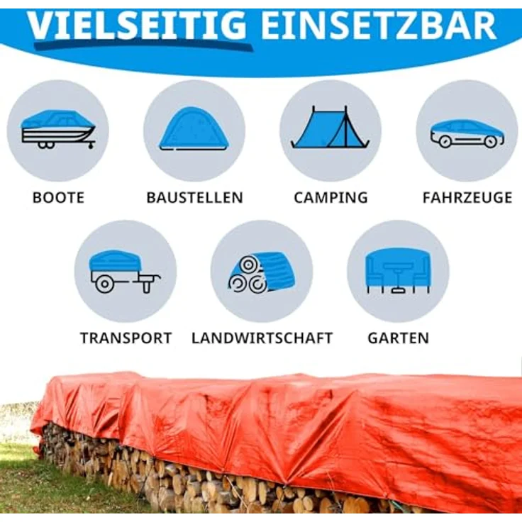 Floordirekt Abdeckplane | Gewebeplane | Schutzplane Bootsplane Zeltunterlage für Camping Garten wasserdichte Planemit Ösen Viele Qualitäten, Größen, Farben 6x10 m 60m² 140 g/m², Orange – Bild 7