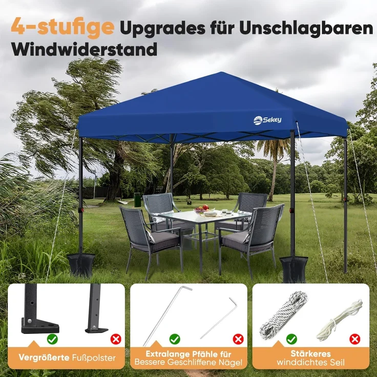 Sekey Premium Pop Up Pavillon 3x3 Wasserdicht Stabil, 3 x 3 m Pavillon mit Seitenwänden, Faltpavillon Partyzelt Faltbar für Camping Party, Höhe Verstellbar 250-270cm, (Navy, Ohne Seitenwände) – Bild 4