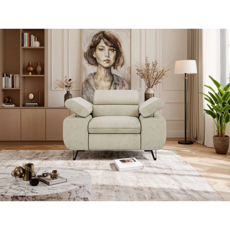 Einzelsessel, Polstersessel PETER mit verstellbaren Armlehnen und Kopfstütze, 1-Sitzer Sofa, Ohrensessel, Wellenfeder - Beige Velvet – Bild 4