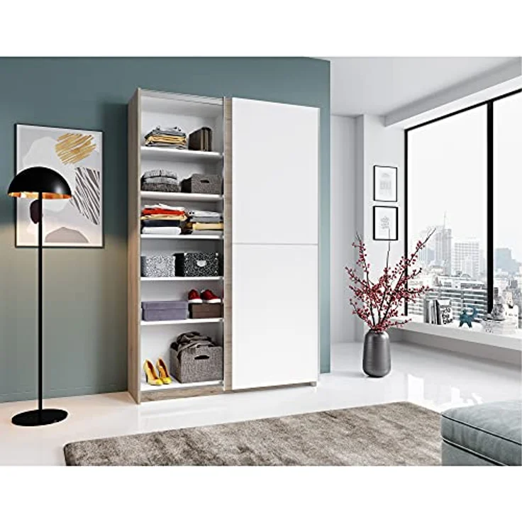 Stella Trading FAST Eleganter Kleiderschrank / Garderobenschrank mit viel Stauraum - Vielseitiger Schwebetürenschrank in San Remo Optik, weiß - 125 x 195 x 38 cm (B/H/T) – Bild 5