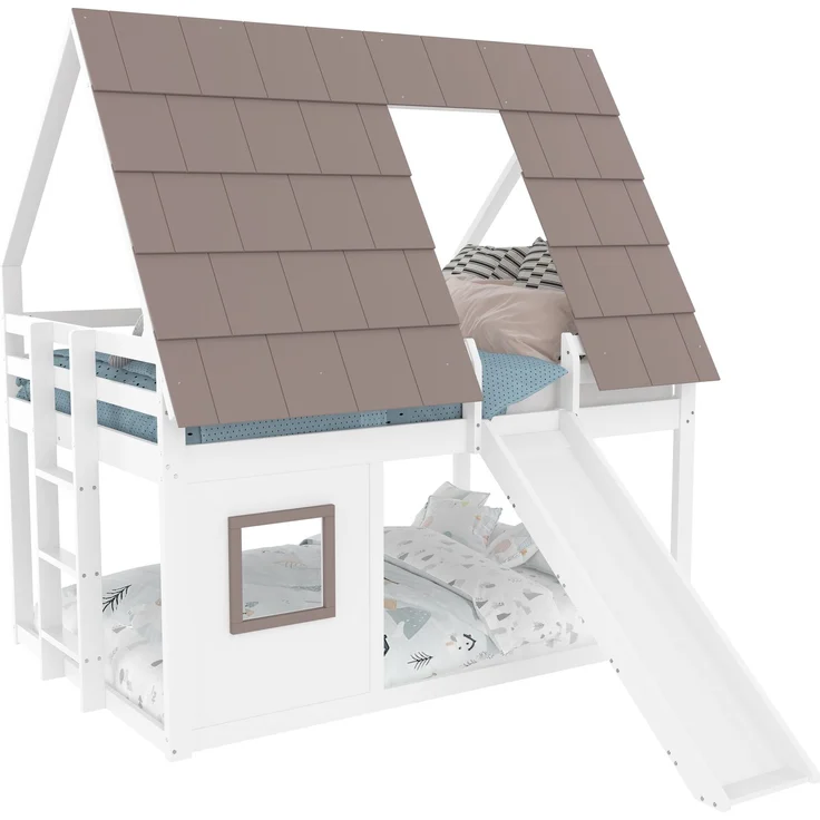 Holzhaus-Etagenbett 140x200 cm mit Dach, Leiter und Rutsche, Haus-Design, Weiß+Braun – Bild 6