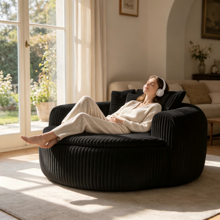 Abrihome Sitzsack mit Armlehnen und Rückenkissen, Schwarz, 145x133x59 cm