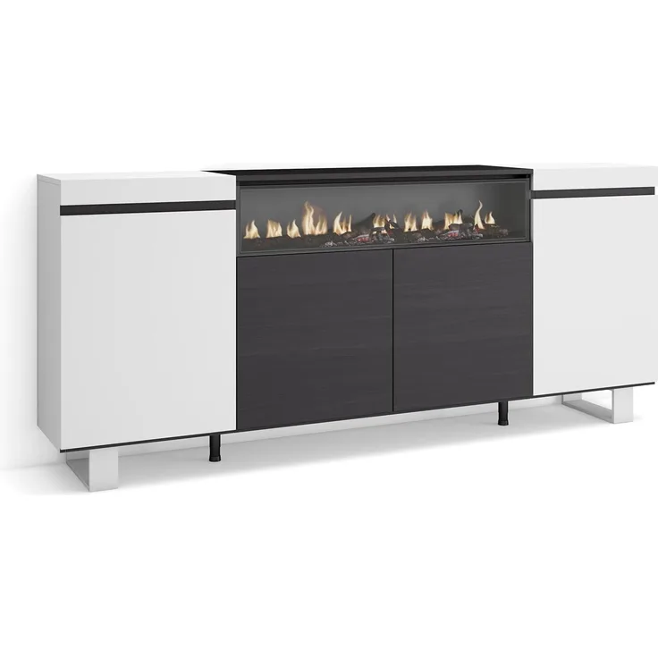 Skraut Home | Sideboard, Highboard | Kommode, Komodenschrank | 200 x 87 x 35 cm | 4 Türen | Elektrokamin. Maße | Industriedesign | Moderner Stil | Weiß und Schwarz