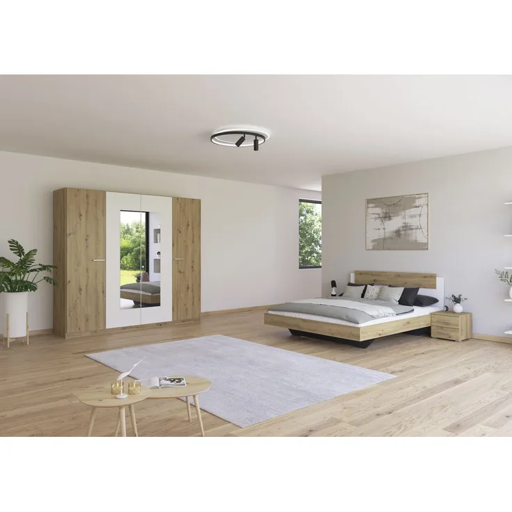 Schlafzimmer Borba in Eiche und Weiß mit Drehtürenschrank 4 teilig – in verschiedenen Bettvarianten wählbar - 4 teilig , Kleiderschrank 226cm Breite + Bett 160x200cm + 2 Nachttisch
